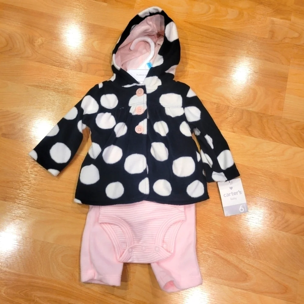 3 PIECE CARTER'S BABY GIRL ONESIE FLEECE PANTS FLEECE COAT SET SIZE 6 months new